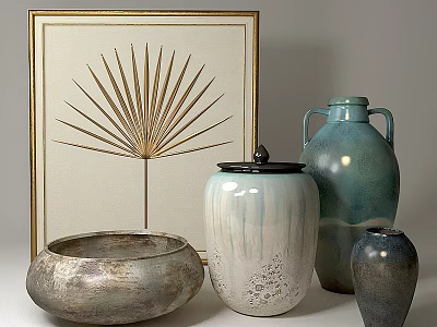 Decorative Ornament Set with Gold Framed Art Ceramic Vases Lidded Jar and Metallic Bowl 3d model