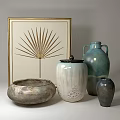Decorative Ornament Set with Gold Framed Art Ceramic Vases Lidded Jar and Metallic Bowl