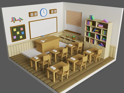 Cartoon Classroom Scene With Whiteboard Clock Bookshelf Colorful Books And Wooden Desks 3d model