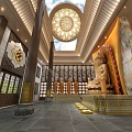 Buddhist Temple Interior Featuring Central Buddha Statue Flanking Figures Mural Paintings And Prayer Lamps