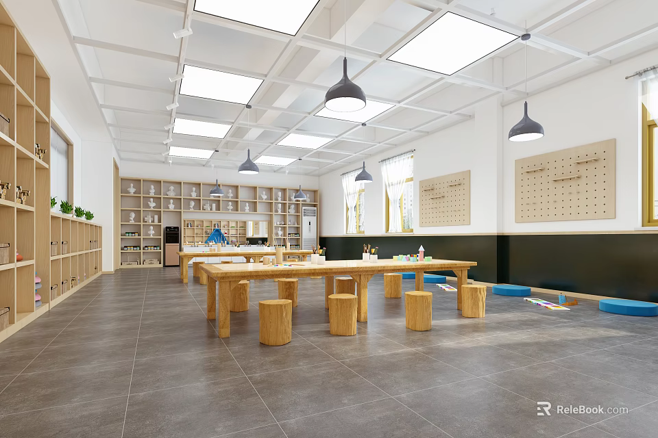 School Classroom With Wooden Long Tables Small Stools Bookshelves And Green Plants 3d model 