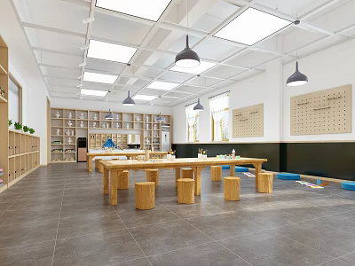 School Classroom With Wooden Long Tables Small Stools Bookshelves And Green Plants 3d model