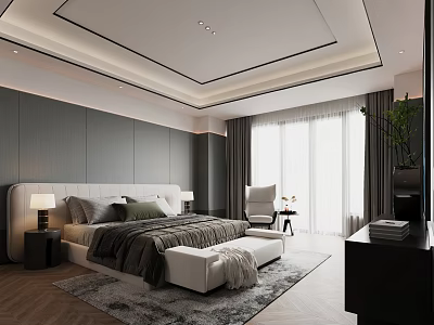 Elegant Modern Bedroom Interior With Dark Gray Walls Upholstered Headboard White Bench And Large Windows 3d model