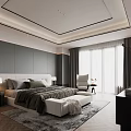 Elegant Modern Bedroom Interior With Dark Gray Walls Upholstered Headboard White Bench And Large Windows