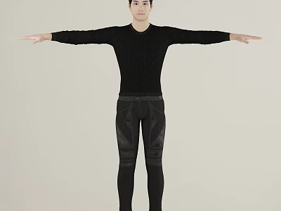 Man In Black Long Sleeve Top And Black Pants With Arms Outstretched Against Light Background 3d model