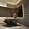 Modern Design Studio Reception Desk Featuring Dark Walls Lattice Decor Stone Countertop And Decorative Elements