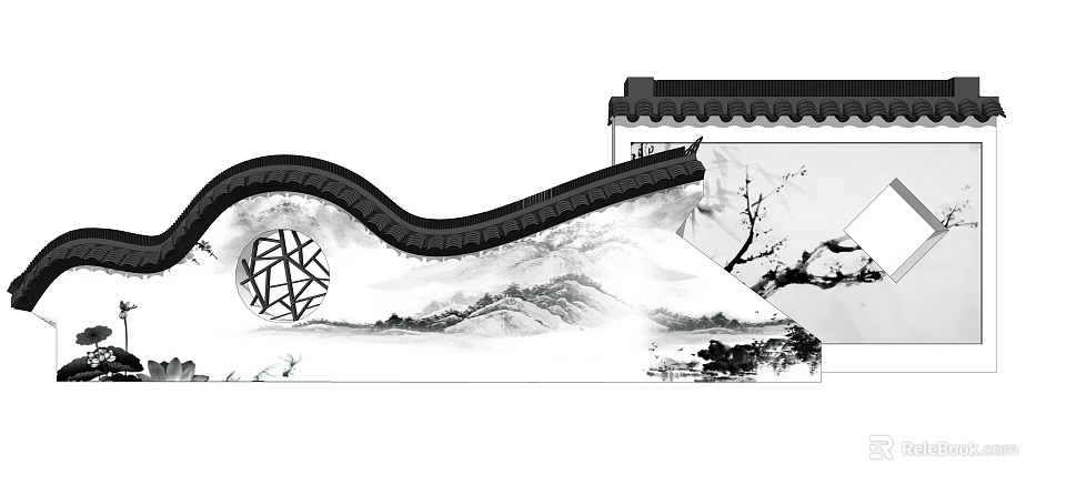 Chinese Garden Wall Design with Curved Eaves Landscape Painting Plum Blossom and Geometric Hollow 3d model 