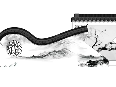 Chinese Garden Wall Design with Curved Eaves Landscape Painting Plum Blossom and Geometric Hollow 3d model