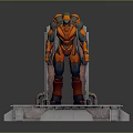 Orange Armored Robot Character Standing On Metal Platform With Mechanical Structure