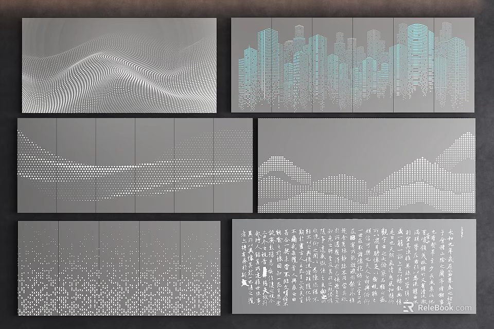 Modern Wall Design Featuring Wavy Texture Geometric Patterns And Urban Skyline Motifs 3d model 