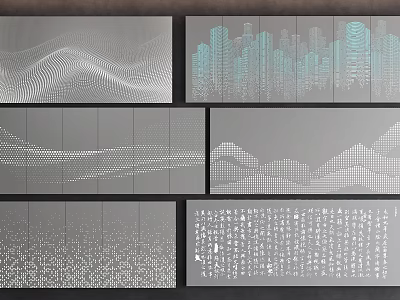 Modern Wall Design Featuring Wavy Texture Geometric Patterns And Urban Skyline Motifs 3d model