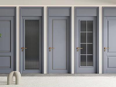 Gray Hinged Doors with Various Glass Panel Designs and Golden Handles in Modern Interior 3d model