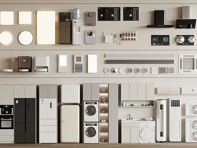 Modern household appliances refrigerator air conditioner washing machine range hood water heater outlet 3d model
