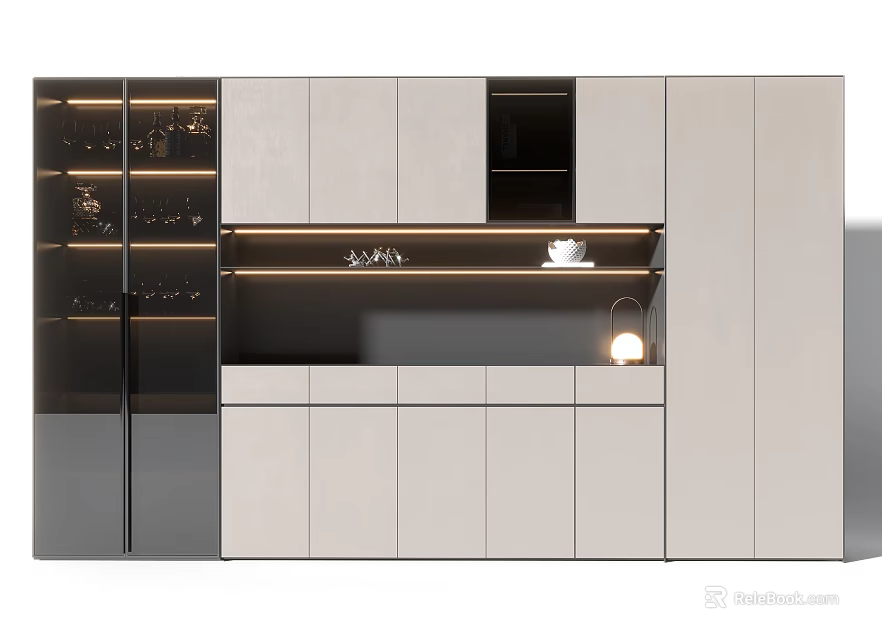 Modern Wine Cabinet With Glass Display Doors Built in Lighting And Storage Shelves 3d model 