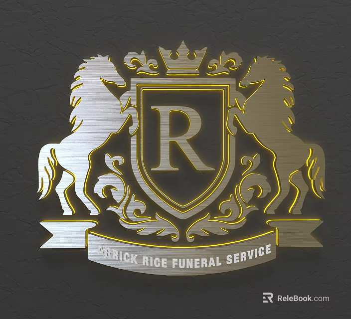 Elegant Wall Decor With Golden Horses Shield Crown And Letter R For Funeral Service 3d model 