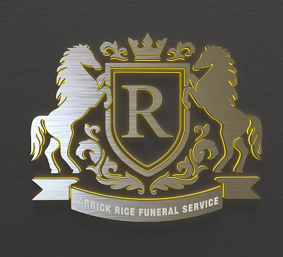 Elegant Wall Decor With Golden Horses Shield Crown And Letter R For Funeral Service 3d model