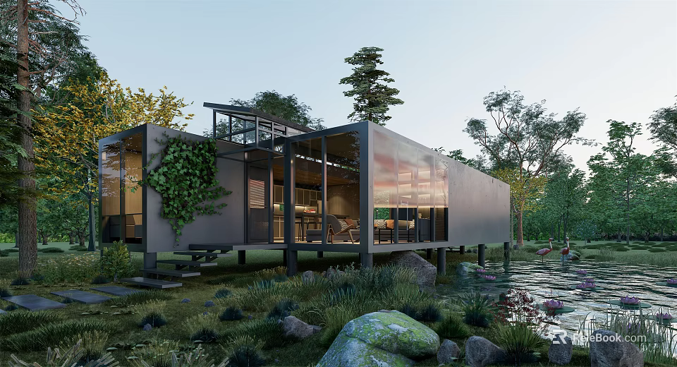 Modern Container Building Design With Large Glass Windows And Natural Garden Pond Surroundings 3d model 