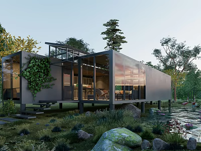 Modern Container Building Design With Large Glass Windows And Natural Garden Pond Surroundings 3d model