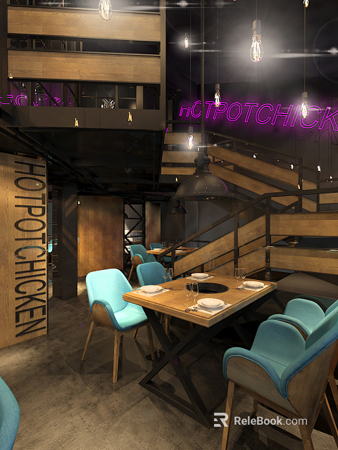 Modern Hot Pot Restaurant With Neon Signs Staircase Blue Chairs And Wooden Dining Tables 3d model 