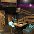 Modern Hot Pot Restaurant With Neon Signs Staircase Blue Chairs And Wooden Dining Tables