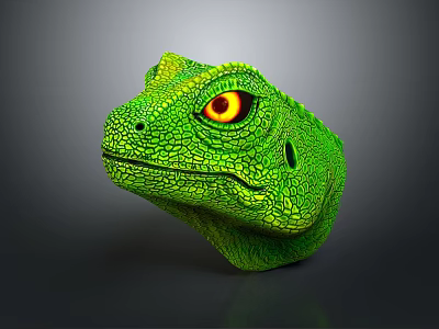 Green Reptile Head With Yellow Eyes And Textured Skin On Gray Background 3d model