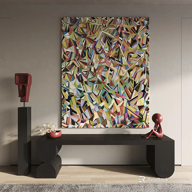 Colorful Abstract Painting With Geometric Shapes In Modern Interior With Red Sculpture And Black Table 3d model 