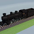 Black Steam Train Model on Railway Track with Green Grass and Gray Sky