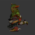 Fantasy Green Creature Character with Orange Horns Green Skin Holding Axe Wearing Armor