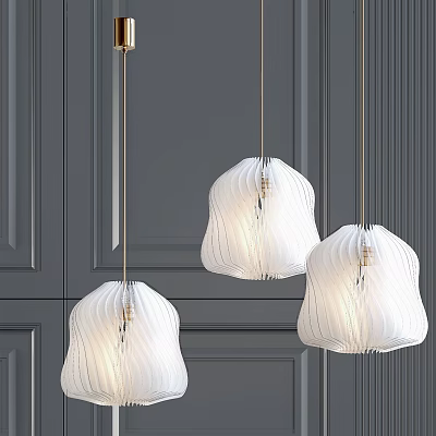Modern Hanging White Striped Chandeliers With Elegant Design Against Dark Wall 3d model