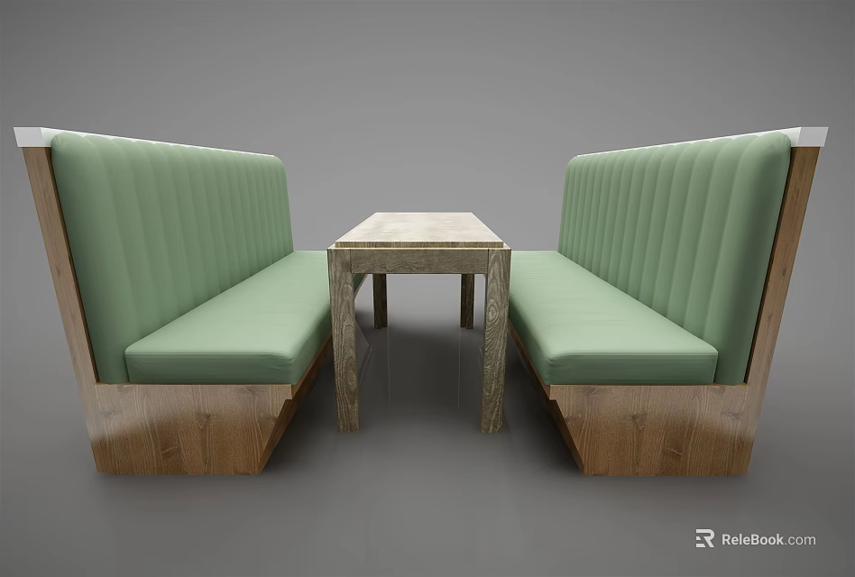 Comfortable Public Chairs With Green Padded Benches And Central Wooden Table 3d model 