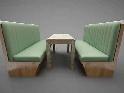 Comfortable Public Chairs With Green Padded Benches And Central Wooden Table 3d model