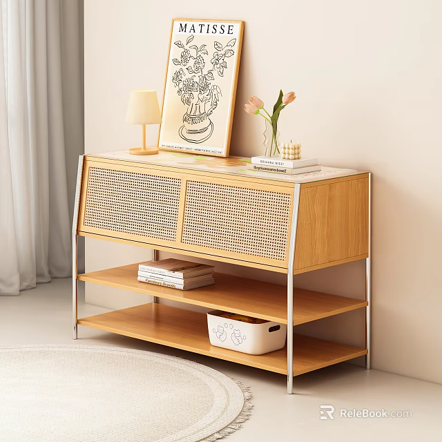 Modern Entryway Side Cabinet With Wooden Frame Rattan Doors And Storage Shelves 3d model 
