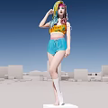 Colorful Haired Woman in Yellow Crop Top Blue Shorts White Socks Urban Platform