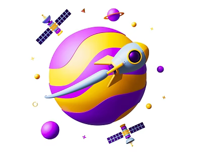Cartoon Space Scene With Purple Yellow Striped Planet Rocket Satellites And Stars 3d model