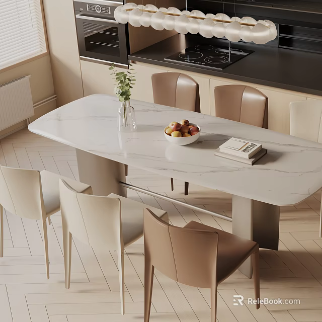 Modern Marble Dining Table Set with Beige Brown Chairs Vase Fruit Bowl and Books 3d model 