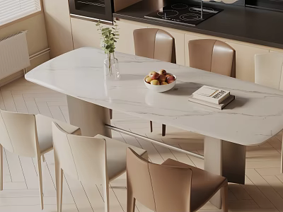 Modern Marble Dining Table Set with Beige Brown Chairs Vase Fruit Bowl and Books 3d model