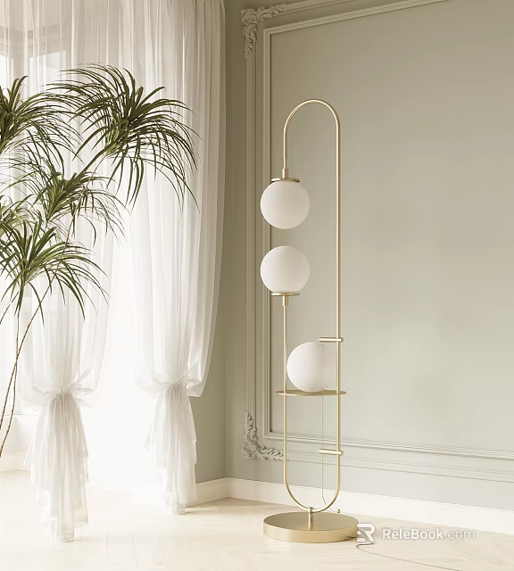 Modern Floor Lamp With Three White Round Shades Golden Stand Palm Plant White Curtains 3d model 