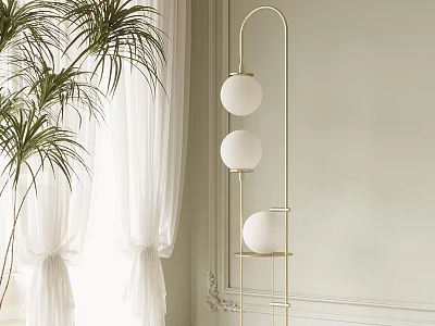 Modern Floor Lamp With Three White Round Shades Golden Stand Palm Plant White Curtains 3d model