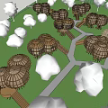 Round Dome Shaped Wooden Houses Connected by White Pathway Surrounded by Green Grass and Trees
