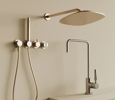 Modern Bathroom Shower System With Rain Shower Head Control Knobs And Handheld Sprayer 3d model