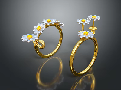 Elegant Gold Rings With White Daisy Flower Decorative Jewelry Design 3d model