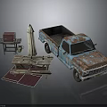 Rusty Vintage Truck With Outdoor Grill Wooden Table And Rug Setup