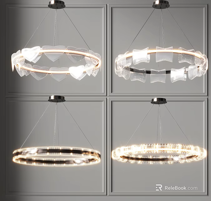 Modern Circular Chandeliers With Transparent Decorative Elements And Illuminated Light Strips For Contemporary Interior Decoration 3d model 