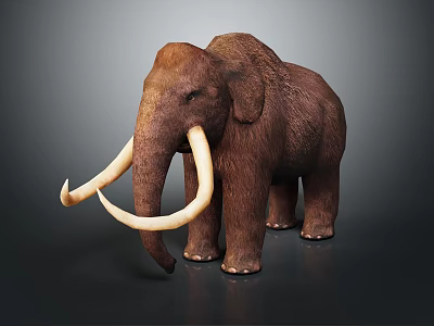 Realistic Brown Mammoth Sculpture With Long Curved Tusks Standing On Dark Surface 3d model