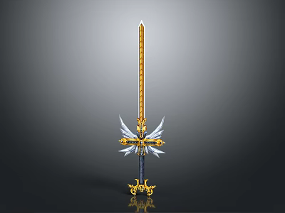 Detailed Fantasy Golden Sword With White Wing Decorations And Ornate Hilt Design 3d model