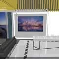 Modern Showroom Interior With White Tables TV Screens Sofa And Yellow Ceiling