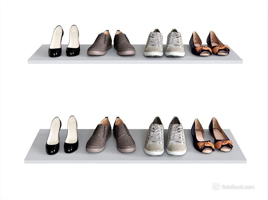Stylish Assorted Shoes Display On Two Gray Shelves For Home Storage 3d model 
