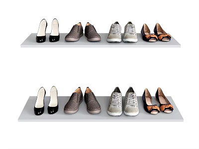 Stylish Assorted Shoes Display On Two Gray Shelves For Home Storage 3d model