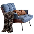 Modern Comfortable Blue Accent Chair With Wooden Frame Brown Cushion Striped Blanket And Metal Legs