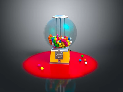 Colorful Gumball Machine With Transparent Glass Globe Yellow Base And Scattered Candies On Dark Background 3d model